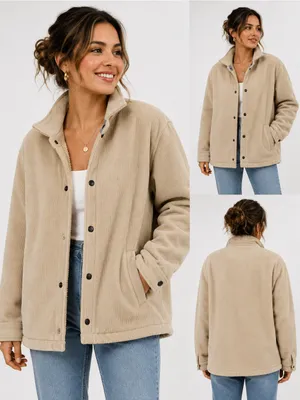 Cozy Neutral Teddy Jacket with Snap Front Tan Size M thumbnail 2