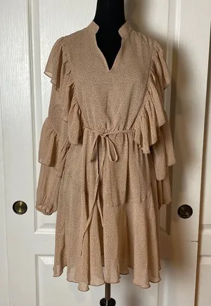 Taupe Polka Dot Ruffle Long Sleeve Dress Modest thumbnail 1