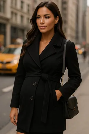 Motherhood‎ Maternity Black Pea Coat Wrap Button Belt Stretchy Buttery Soft Warm thumbnail 1