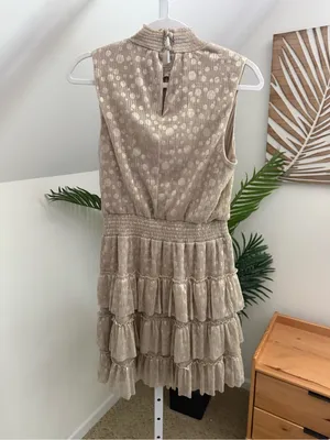 MSK Sleeveless Gold Metallic Polka Ruffle Tiered Dress M thumbnail 2