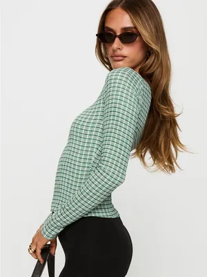 Princess Polly Every Second Boat Neck Long Sleeve Top Green Check thumbnail 2