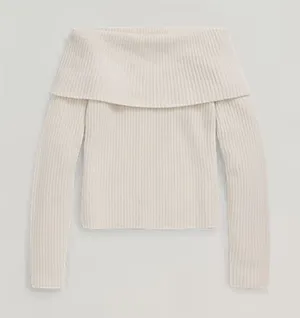 Polo by Ralph Lauren Off-Shoulder Ribbed Sweater in Cream thumbnail 1