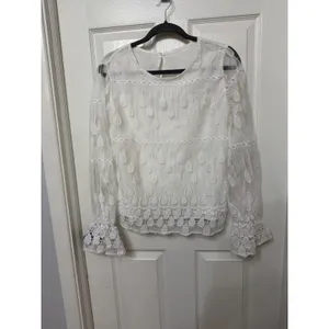 Zara White Embroidered Lace Mesh Long Sleeve‎ Top with Bell Cuffs Size Large thumbnail 2