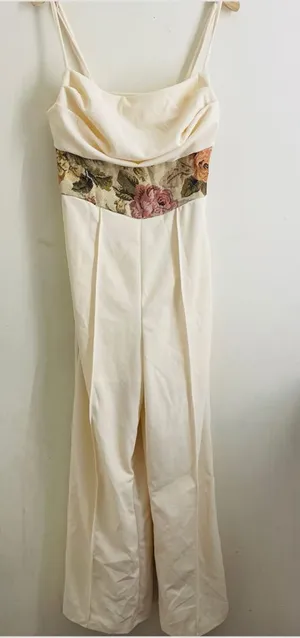 Floral Tapestry Waist Wide Leg Cream Jumpsuit Draped Neck Size M thumbnail 1