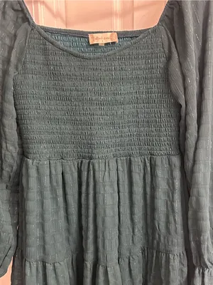 Altar’d State Green Smocked Tiered Dress Sheer Long Sleeve Shimmer Boho S thumbnail 2