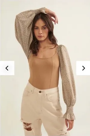 PROMESA NWOT‎ tan boho ribbed bodysuit with cottage core puffed sleeves festival thumbnail 1