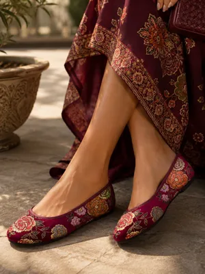 Embroidered Floral Ballet Flats Red Brocade Asian Inspired Slip-On Shoes 7.5 thumbnail 2