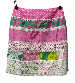 Lilly Pulitzer Multicolor Floral PrintPolka Dot Lace Trim‎ Cotton Skirt 8 Pink thumbnail 1