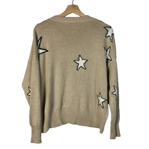 Pink Lily Beige Star‎ Print Crewneck Pullover Sweater M thumbnail 2
