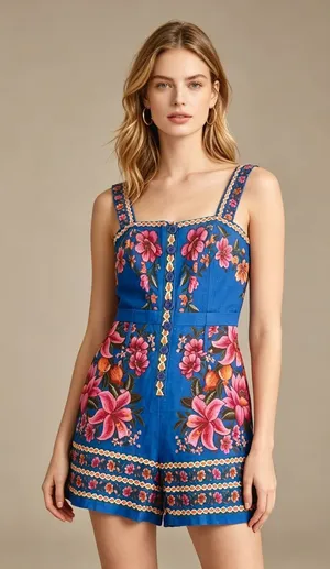 NWOT Farm Rio Linen Blend Floral Print Romper Size M thumbnail 1