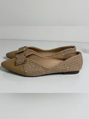 LDEBAO Women’s Tweed Pointed Toe Ballet Flats Beige Gold Buckle Sz US 8 thumbnail 4
