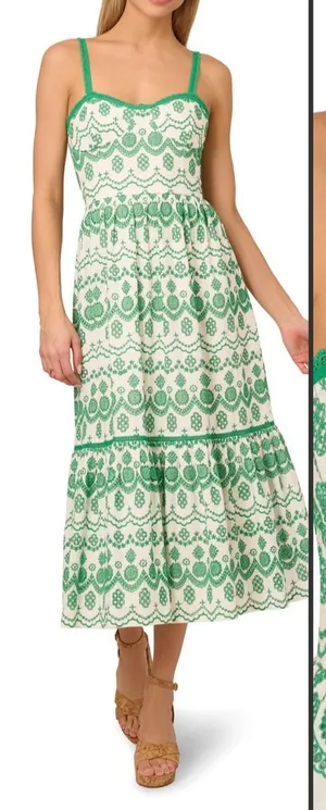 Adrianna Papell White Green Size 6 Cotton Eyelet Ruffle Midi Dress Party Picnic thumbnail 1