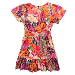 LOFT Floral Mini Dress Womens MP Pink Orange Patchwork Smocked V-Neck Tropical thumbnail 3