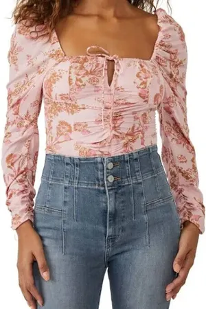 Free people Cropped Top Womens Large Pink Combo Hilary Printed Square Neck B96 thumbnail 1