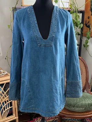Free People Dreaming Of Denim Blue Trapunto Stitch Cuff Tunic Boho Mini Dress thumbnail 1