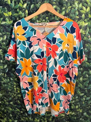 HAPTICS Teal & Coral Floral V Neck Top Super Soft Blouse Short Sleeve Tropical thumbnail 5