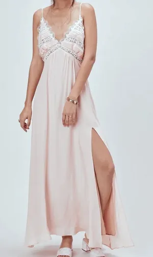 For Love & Lemons lovebird blush Pink Maxi nightgown lace Dress L thumbnail 1