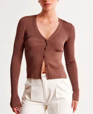 Abercrombie & Fitch Slim Button Up Ribbed Cardigan Small Brown Quiet Luxury Fall thumbnail 1