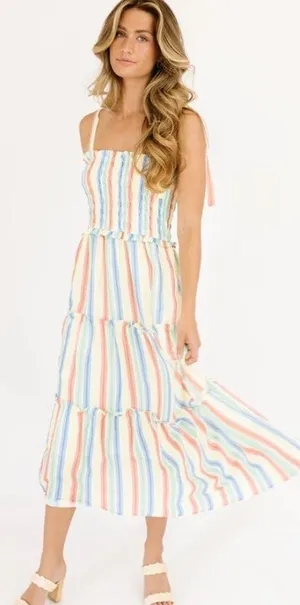 Aakaa NWT pastel rainbow smocked ruffle tiered shoulder tie midi dress Sz Large thumbnail 1