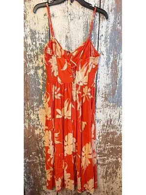 Angie Orange Cream Floral Maxi Dress, smocked bodice, crisscross tie back Medium thumbnail 6
