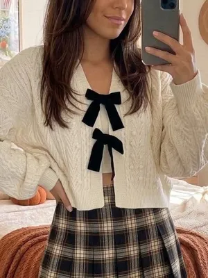 A Loves A Bow Front Cable Knit Bobble Pom Pom Cardigan Sweater Medium thumbnail 1