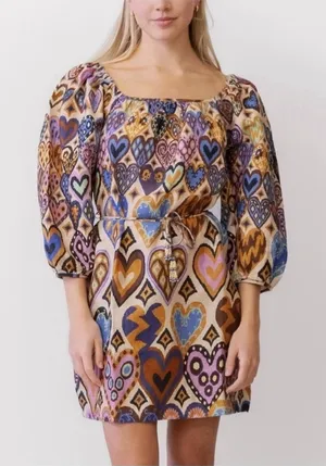 NEW FARM RIO Cream Hearts Ikat Puff Sleeve Dress Sz Small‎ thumbnail 1