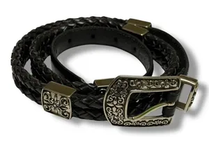 JG Hook Womens Black Braided Leather Belt Ornate Silver Buckle Accent Concho XL thumbnail 1