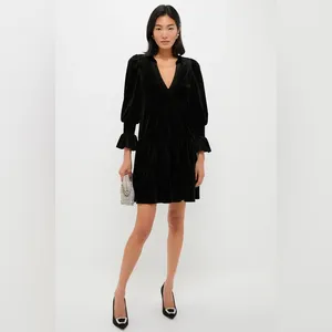 Pomander Place Black Velvet ‘Kenzo’ V Neck Tiered Long Sleeve Dress, Size XL thumbnail 2