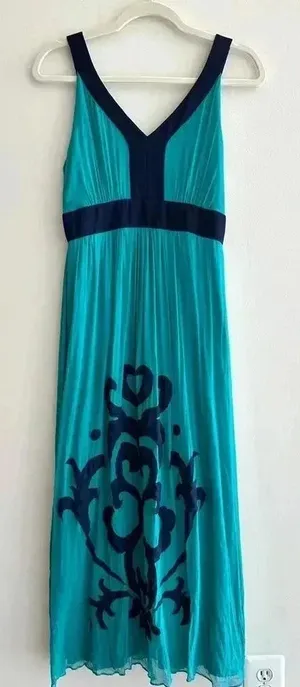 Miss Sixty Teal and Navy Blue Silk Gown Maxi Floral Dress, Size 4 thumbnail 1
