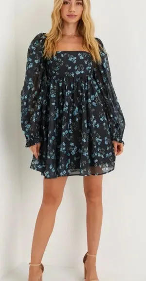 Lulus Black Blue Floral Puff Sleeve Square Neck Babydoll Mini Dress Medium‎ thumbnail 1