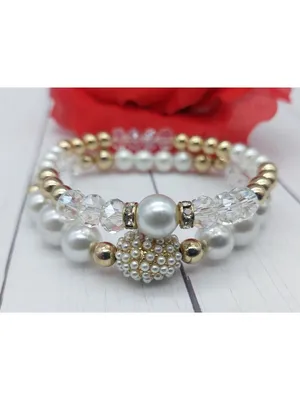 Faux Pearl Crystal Stretch Bracelets Lot of 2 Gold Tone Rhinestone Bridal thumbnail 3