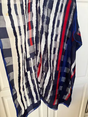 Valentina Scarf Red‎ White Navy Blue Geometric Stripe Check Sheer Lightweight thumbnail 1