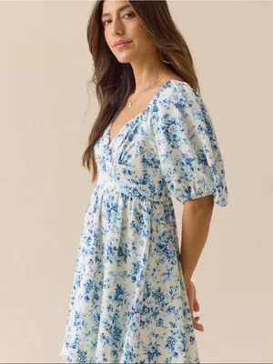 NWT Altar'd State Blue Floral Puff Sleeve CottageCore Mini Dress thumbnail 3