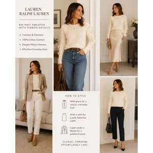 Lauren Ralph Lauren Sweater Womens Size S Ivory Rib Knit Ribbon Sleeve Cotton thumbnail 9