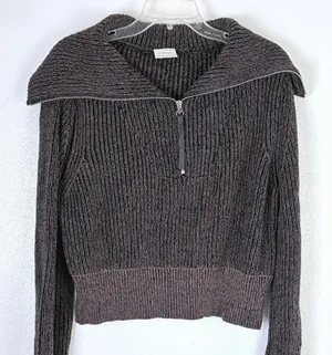 Varley Mentone Sweater XS Brown Marl Half Zip Cotton Ribbed Oversized Collar thumbnail 1