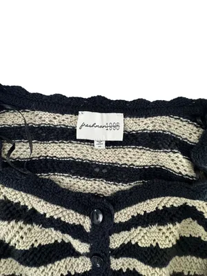 Striped Cropped Button-Front Cardigan in Black and Cream thumbnail 7