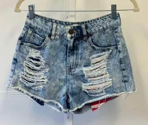 Refuge Patriotic Acid Wash Distressed American Flag Denim Shorts‎ Blue Sz 0 Star thumbnail 1