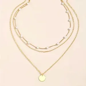 New Elegant Crystal Faux Pearl Pendant Necklace Layered Pearl Chain-Golden thumbnail 3