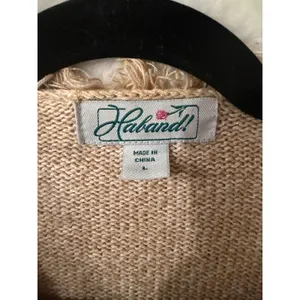 Haband Floral Embroidered Fringed Cardigan Sweater Beige Tan Large Vintage Style thumbnail 2