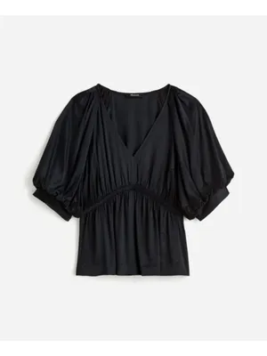 Madewell Black Shirred Puff-Sleeve Top in Satin - Size: Medium thumbnail 9