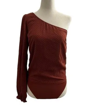 Abercrombie & Fitch Women Size XS Maroon Bodysuit Polka Dot One Shoulder 18-700P thumbnail 1
