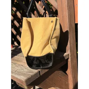 Tory Burch Ella Tote Mustard Yellow Canvas Black Patent Leather Trim Handbag thumbnail 2