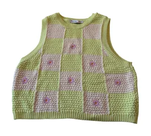 Zara Lime Green Cropped Checkered Floral Crochet Sweater Vest XL‎ thumbnail 1