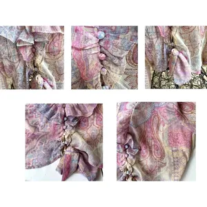 Ruffled Knotted Crop Top Blouse Medium Paisley Abstract Gold Color … thumbnail 6