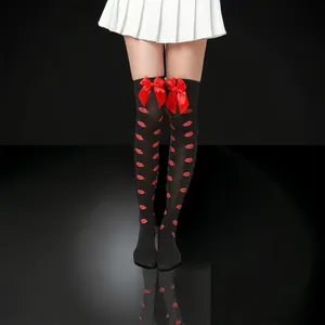 Lips Kiss Mesh Thigh High Stockings Bow Decor Valentines Day Over The Knee Socks thumbnail 2