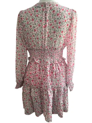 Pink Floral Long-Sleeve V-Neck Ruffled Mini Dress thumbnail 4