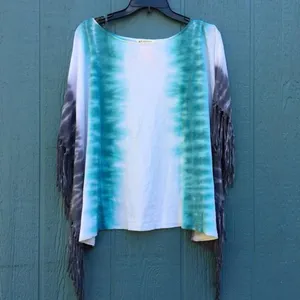 NWT Free People Tie Dye Fringe Batwing Short Sleeve Tee Blouse Top Blue Shirt thumbnail 2