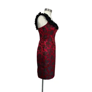 Maggy London Red Black‎ Brocade Ruffle Neck Cocktail Party Dress Size 8 thumbnail 3