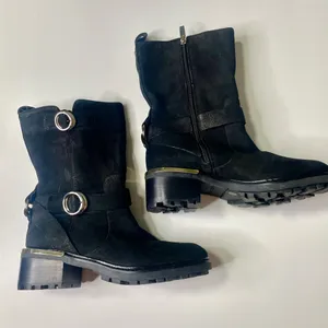 Vince Camuto Kerivini Black Suede Leather Buckle Zip Moto Biker Boots Women's 8M thumbnail 1