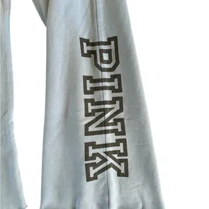 Pink VS Flare Pull On Sweatpants Sz L Blue Drawstring Raw Hem Pink Spell Out thumbnail 3